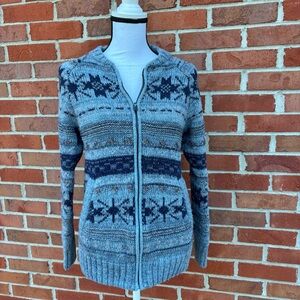 H&M Fair Isle Nordic Patterned Blue Wool Blend Zip Up Sweater Womens Small
